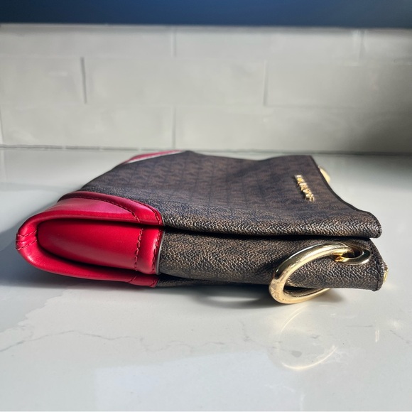 Michael Kors Nicole Large Brown Signature Logo and Merlot Leather Trim Crossbody - Picture 6 of 16